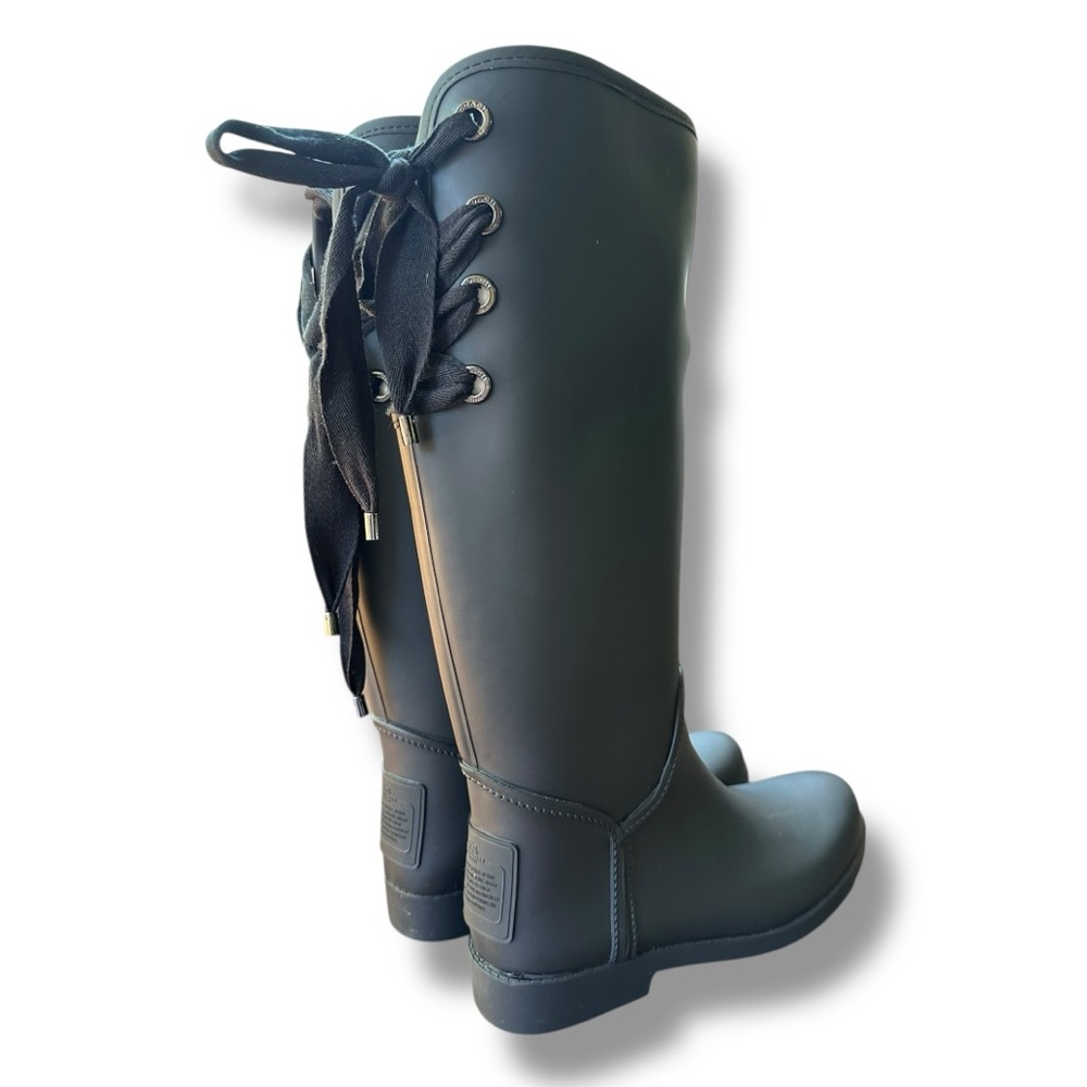 Coach Tristee Matte Black Lace-Up Knee-High Rain Boots | Women’s Size 9 - Picture 9 of 14